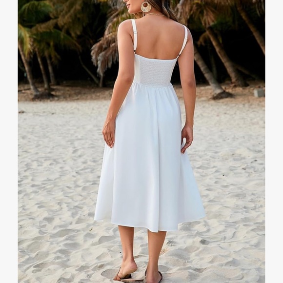 Summer Casual Midi Dress Smocked Sleeveless Flowy Slit A Line Beach Sundresses - Picture 2 of 6